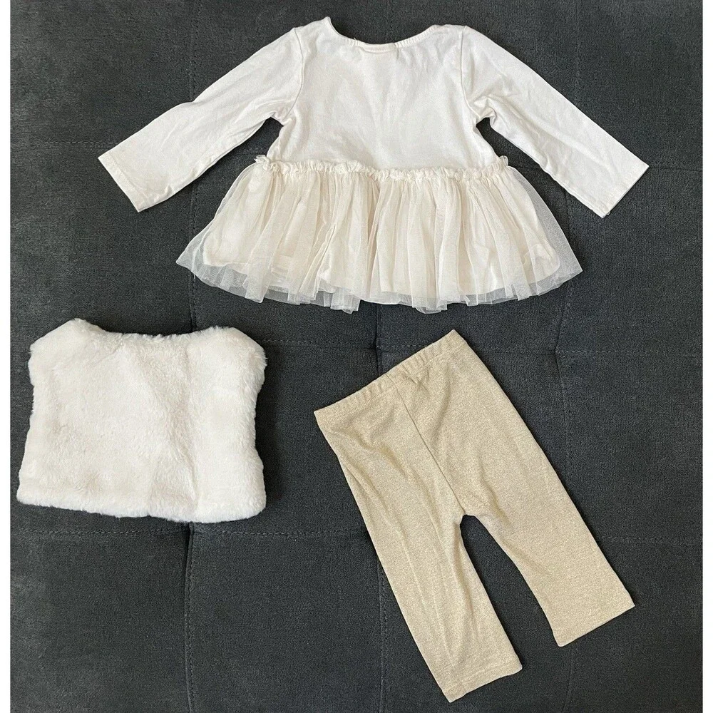 First Impressions Baby Girl 6/9M 3 Piece Cream Colored/Gold Faux Fur Vest Set